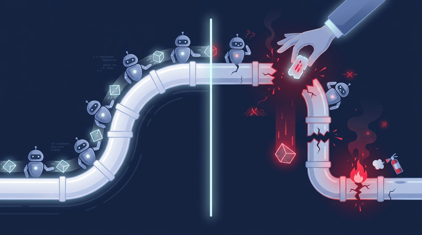 A side-by-side of the smooth promised AI-agent pipeline versus the reality where a human patches a broken handoff and a task falls through a gap — Shanti Infosoft