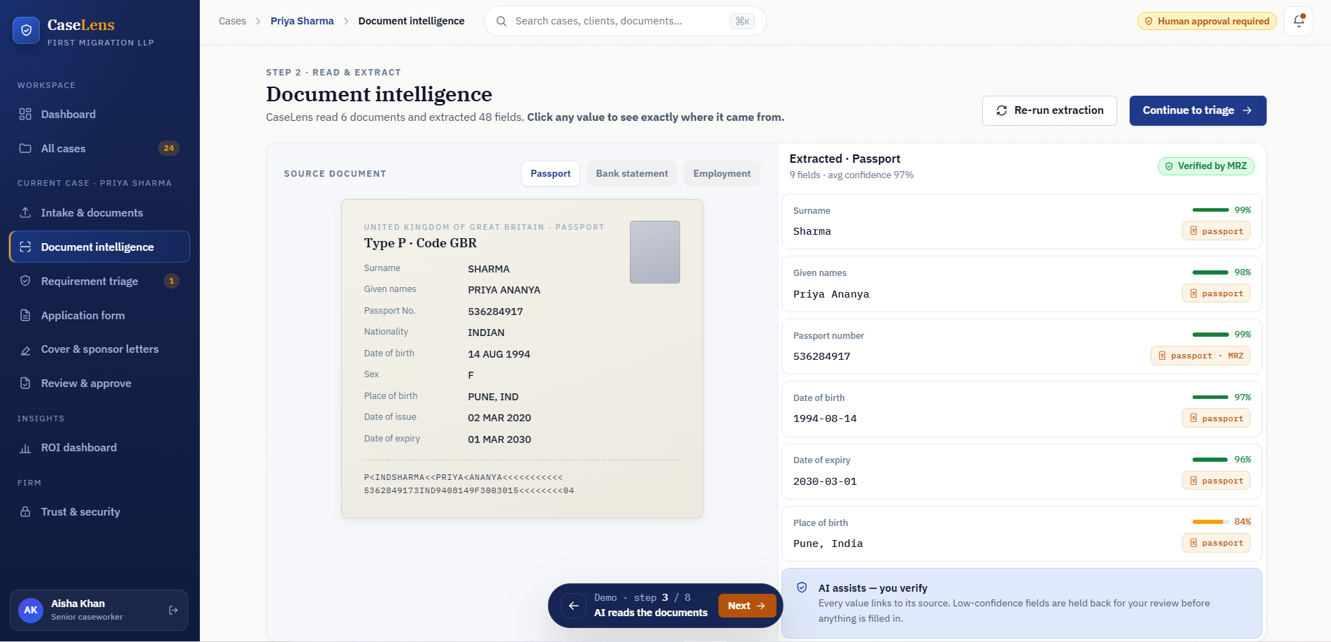 AI document intelligence dashboard showing passport data extraction with confidence scores for visa application