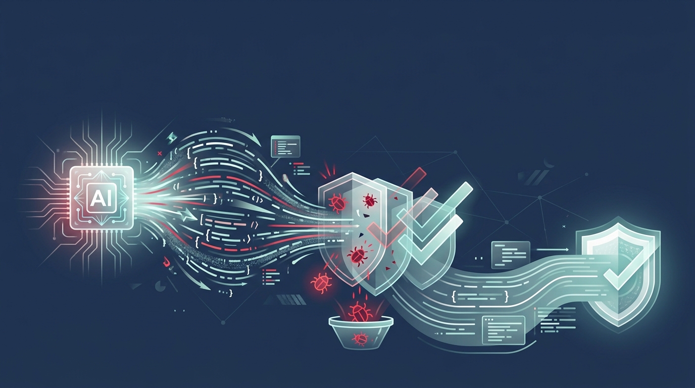 An AI engine emitting a fast stream of code, a multi-stage filter catching red bugs, and clean verified code flowing onward — Shanti Infosoft 2026