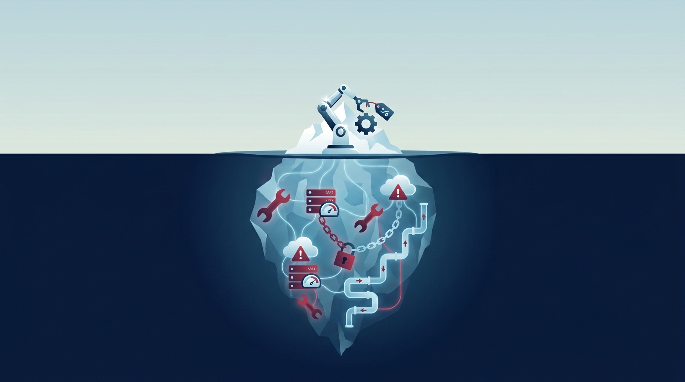 An iceberg with a small visible automation gear above the waterline and a huge submerged mass of hidden maintenance and ownership costs below — Shanti Infosoft 2026
