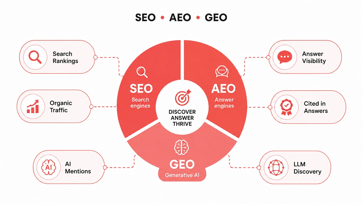 How do SEO, AEO, and GEO reinforce each other?